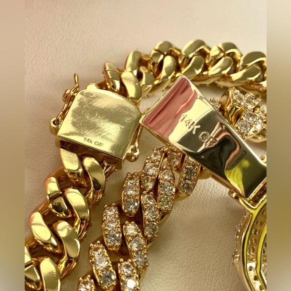 Men 14k Gold Fill Stamp Ice Egyptian King Tut Pharaoh Iced Miami Chain+Pendant - Picture 5 of 7